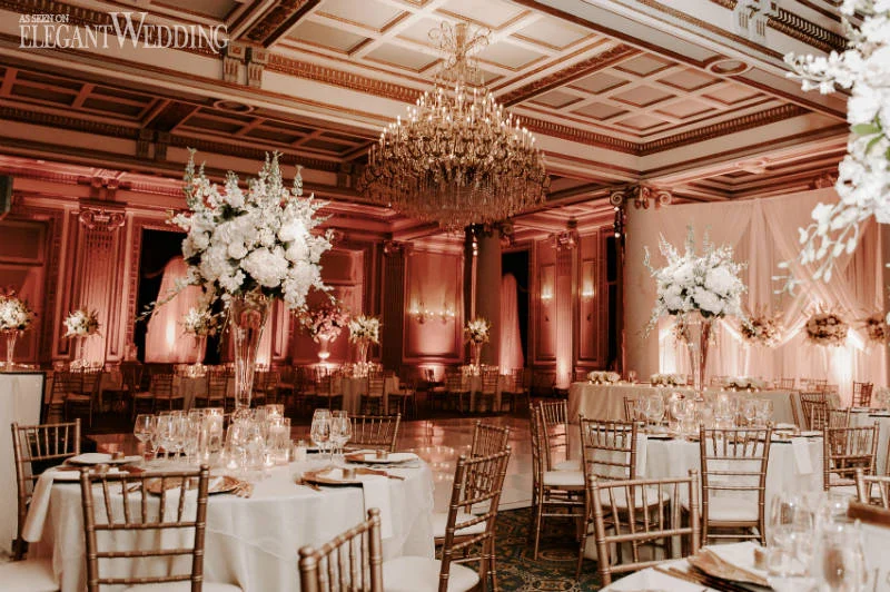 elegant wedding all white ballroom wedding with gold accents20 1